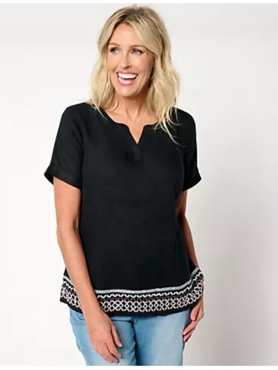Denim & Co. Tops - Denim & Co. Women's Top Sz 2X Naturals Linen Blend Black Embroidered A644104